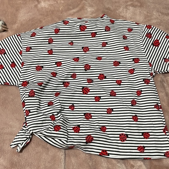 Zara 6 black white stripe ted glitter ladybugs short sleeve t shirt hip knot nwt - Picture 9 of 9